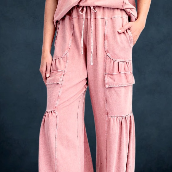 EASEL “Lovin’ It” Cotton Mineral Washed Pants Relax Fit Wide Ruffled Leg Pockets - Picture 3 of 14